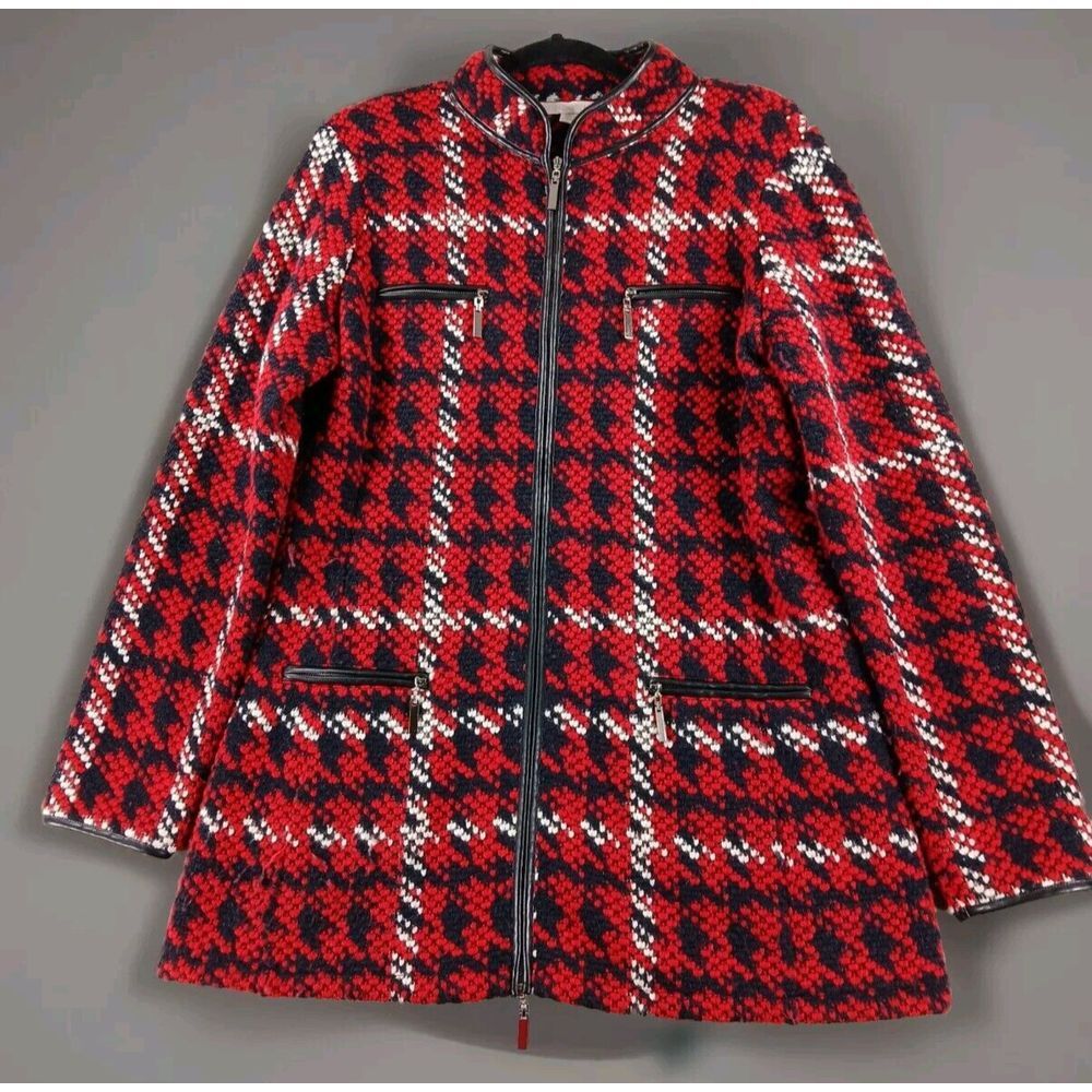 Boston Proper Jacket Women's L Red Plaid Houndstooth Full Zip Wool Blend Long